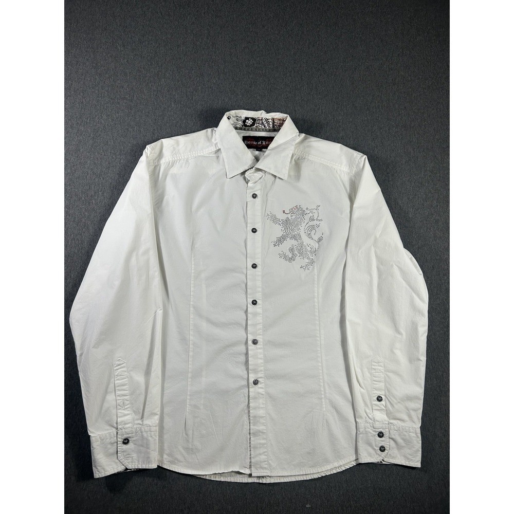 House of Lords Mens XXL White Rhinestone Lion Crest Button Up‎ Shirt Y2K